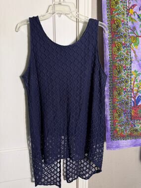 Capri Navy Blue Lace High Low Tank Top Split Back Sheer Overlay Womens Large